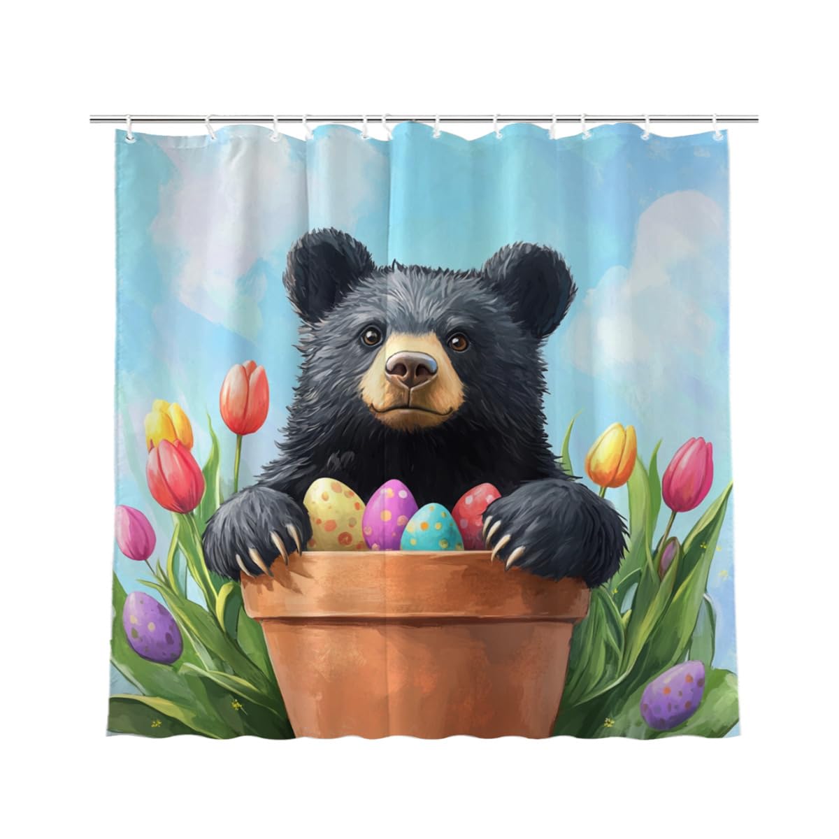 KEEPAEON Easter Shower Curtains for Bathroom Black Bear Bathroom Curtains Spring Bath Curtain Waterproof Fabric Shower Curtains with 12 Hooks 72''x72'