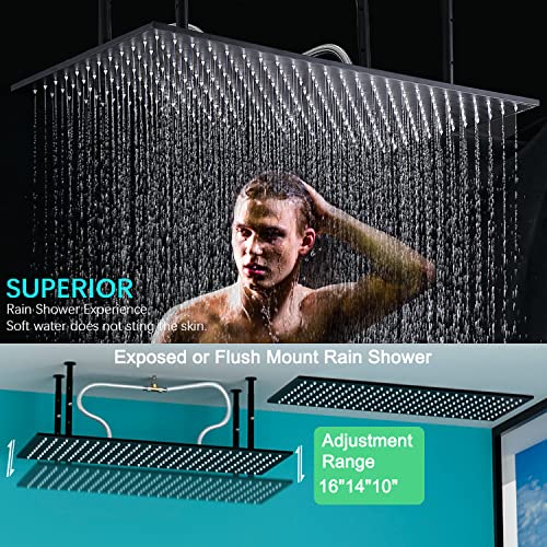 Enga Multiple Shower Head System, Ceiling Mount 16×32 Inch Rectangle Rain Showerhead Thermostatic Shower Faucet Set, Can Use All Functions At A Time (Volume Adjustable), Matte Black #TOP4