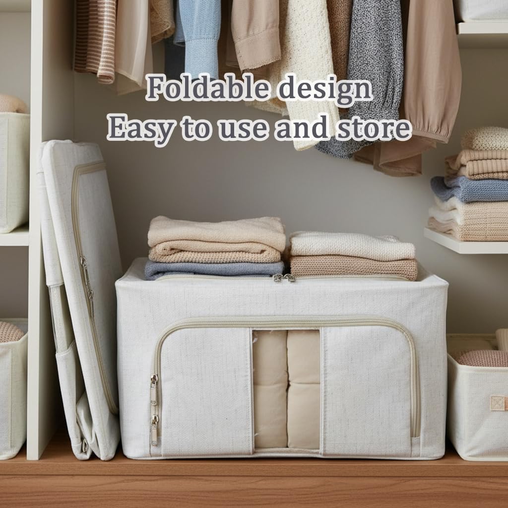 Scatole per Armadio, in metallo 5 mm rinforzato, fondo in PP, 66L | Beige, Tessuto Cotone e Lino, Impilabili e Ripiegabili, Contenitori per Vestiti, per Trapunte e Piumoni