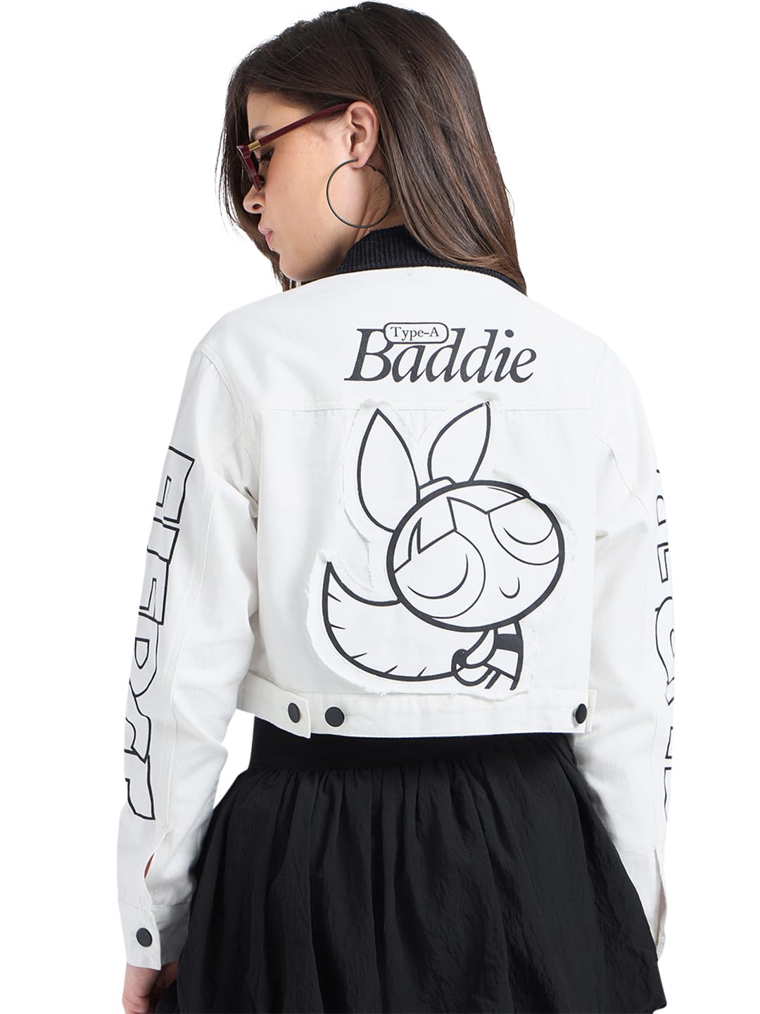 bewakoof Blossom Women's Applique Oversized Fit Full Sleeve Collar Pure Cotton Crop Jacket_684828_White_M-picture-15