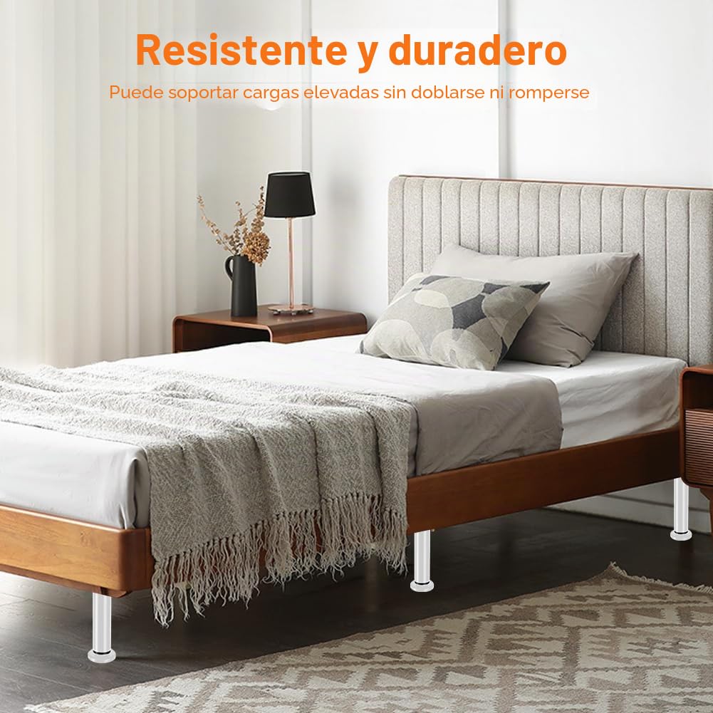 Patas de Cama Ajustables, Juego de 4 - Altura Regulable (25-42 cm) para Base, Somier o Canapé - Soportes Metálicos Robustos para Sofá, Armario o Mueble - Incluye Herramientas - Color Blanco