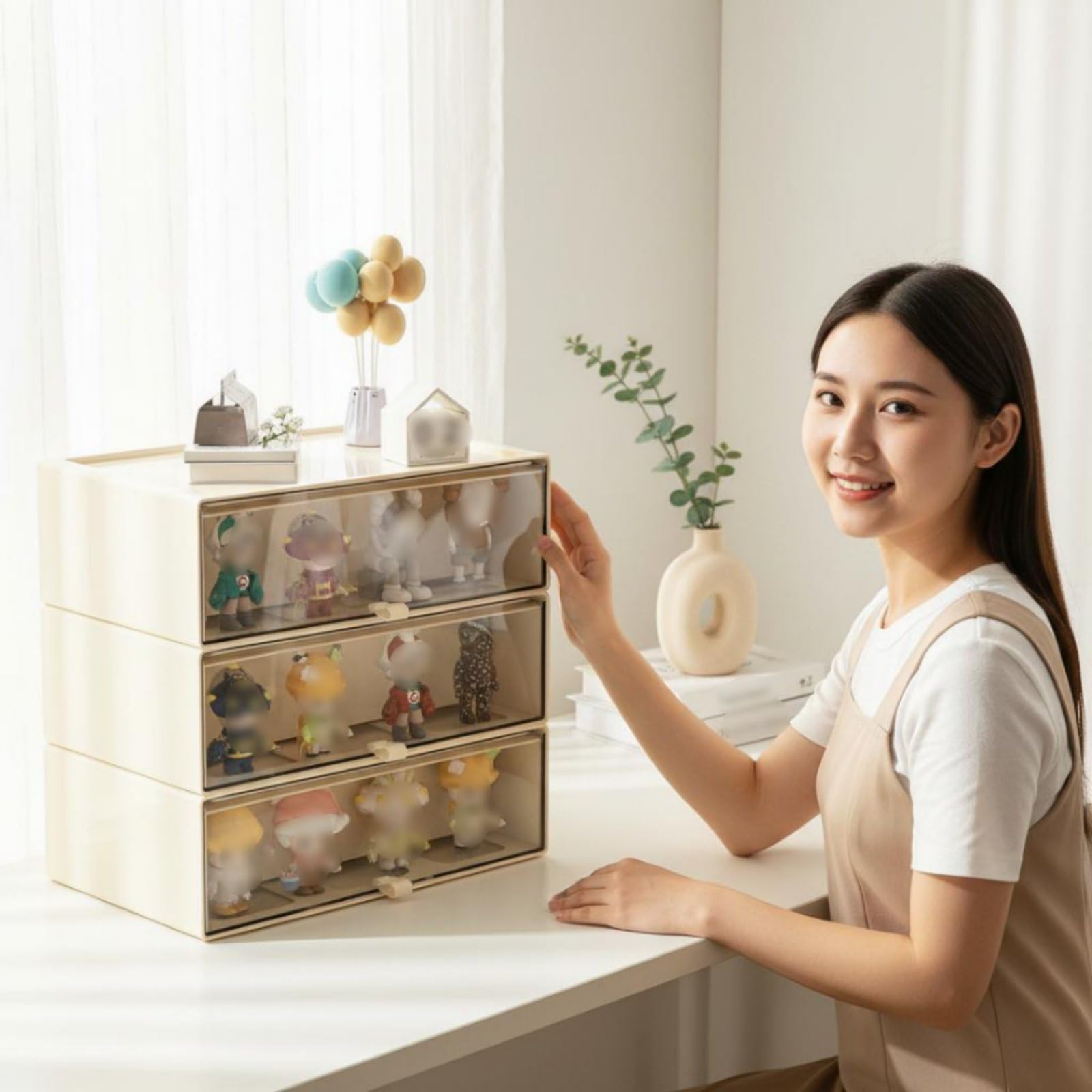 Desktop Aufbewahrungsbox Vitrine Schubladen Organizer Regal Rundumsicht für Figuren Und Deko Stabil Stapelbar Flexible Innenstruktur für Büro, Zwei Schichten Extra Groß + 2 Mittel