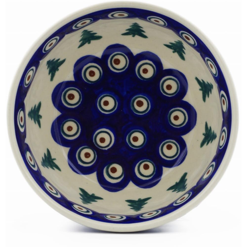 Authentic Polish Pottery Bowl 5-inch in Peacock Pines Design Handmade in Boles?awiec Poland by Ceramika Bona + Certificate of Authenticity
