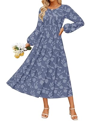 ZESICA Women's Fall Boho Floral Midi Dress 2026 Casual Long Sleeve Crewneck Flowy Wedding Guest Long Dresses