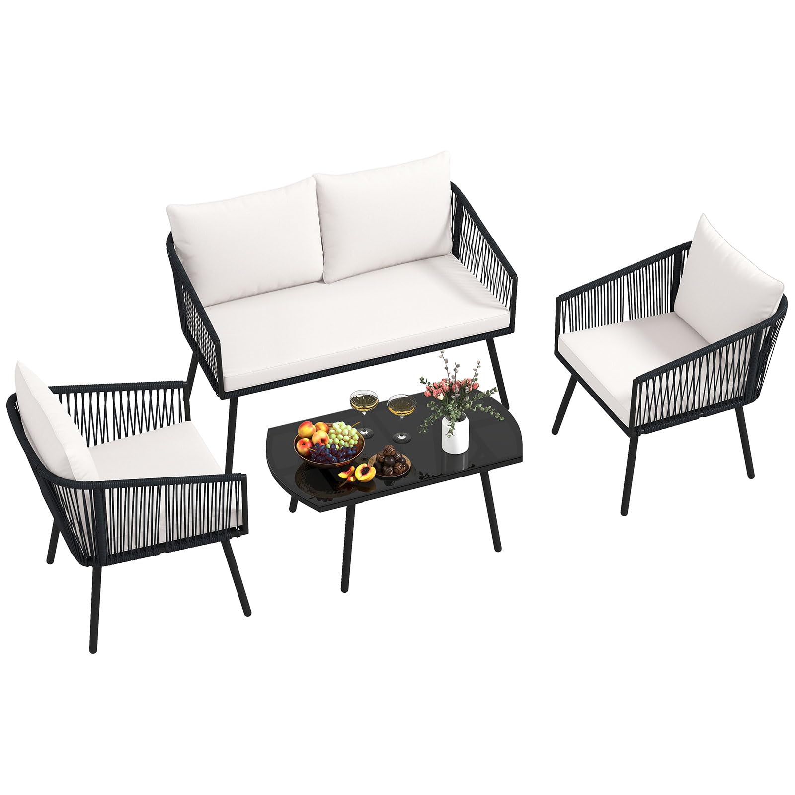 COSTWAY Set di 4 Pezzi in Corda PE da Giardino, Set Bistrò con Divano, Tavolino in Vetro Temperato, 2 Poltrone e Cuscini, Mobili da Giardino da Esterno per Cortile e Piscina