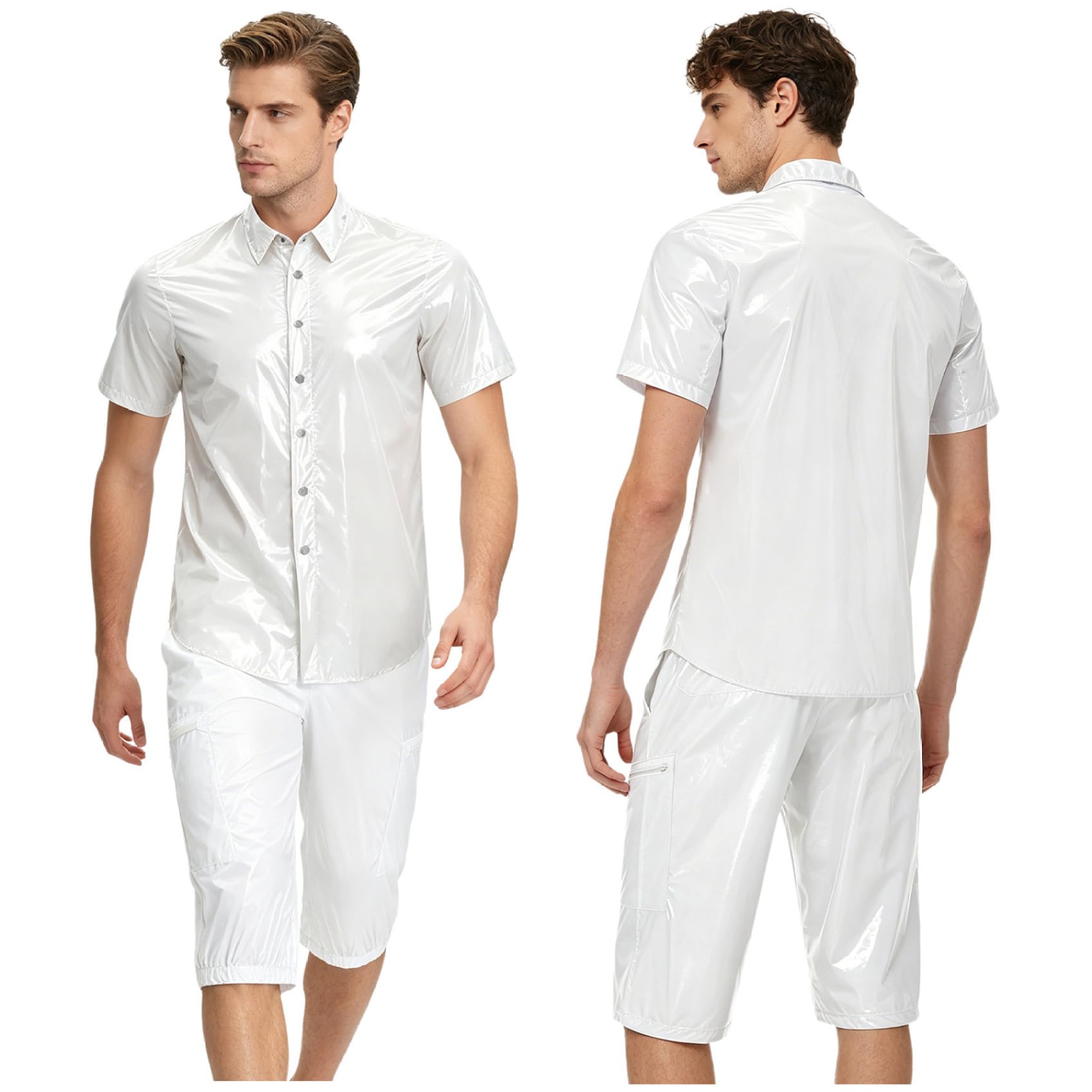 Uomo Look Wetlook Abito Due Pezzi Camicia E Pantaloni Corti Party Discoteca Outfit Bianco XXL