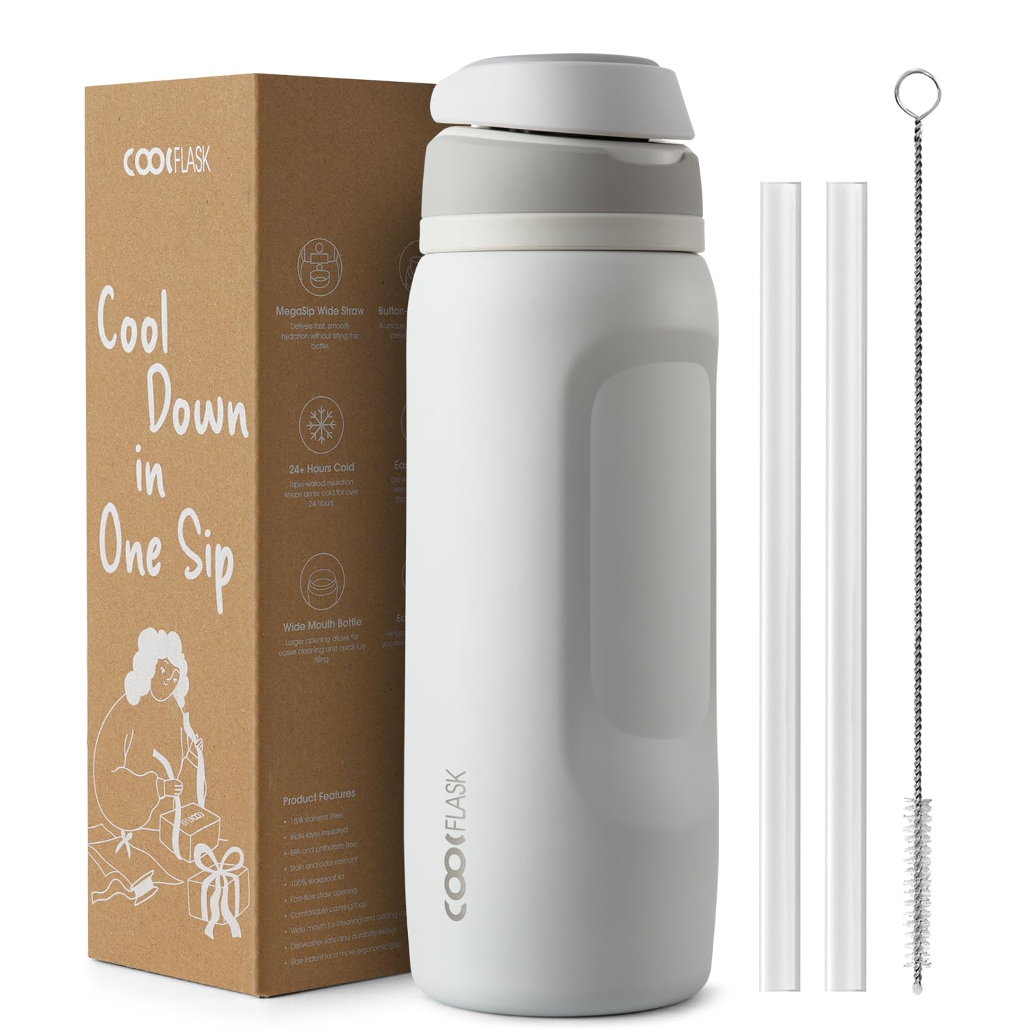 Coolflask MegaSip Water Bottle 1L with Straw, Stainless Steel Insulated Water Bottles Leak-Proof, 24+ Hours Cold, BPA-Free Dishwasher Safe, Water Flask for Sports Gym Work Office, Glacier White