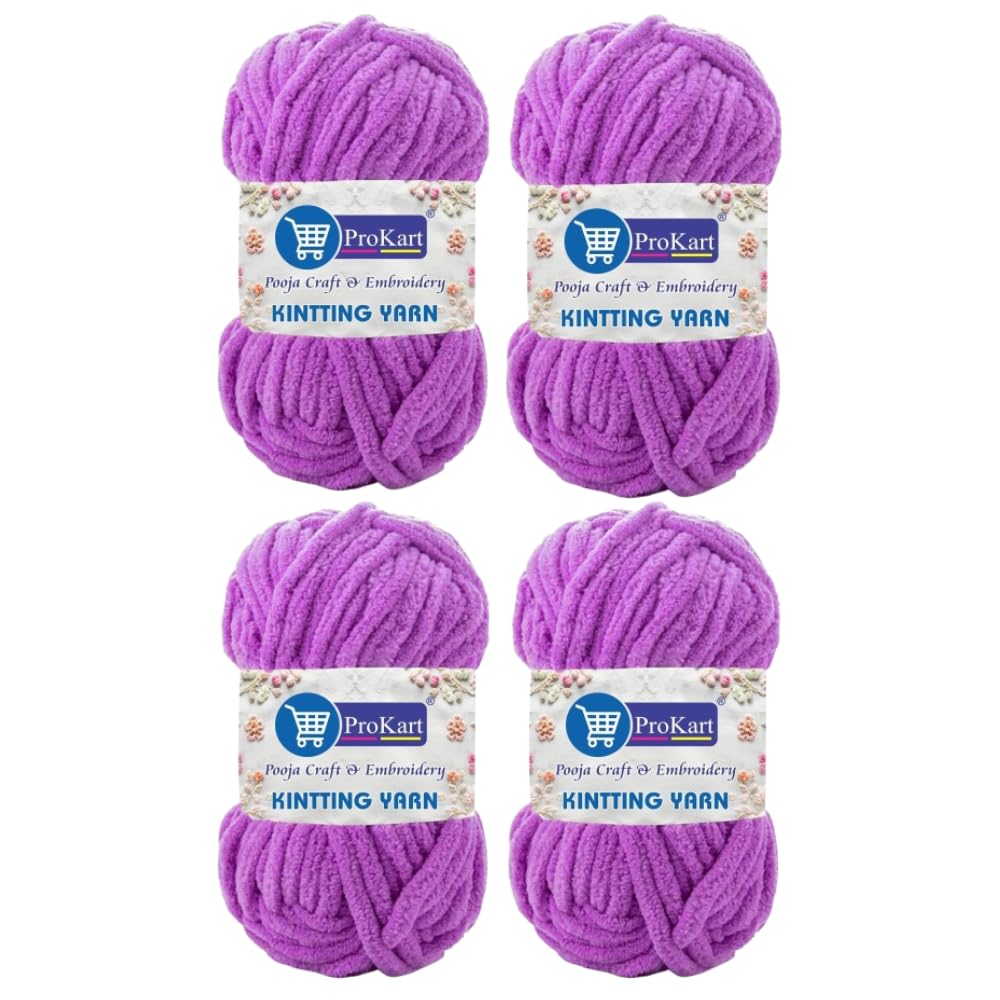 ProKart Premium Blankie Wool, Plush & Cuddly, Chenille Yarn Supersoft Hand Knitting Wool Ball | Blanket Thick/Mottu Yarn Ball Suitable for Hand Knitting and Crocheting for Baby, Adult, Sweaters, caps, Throws, Home Furnishing, Scarves, Blankets (Purple, 100gms x 4 Pack)