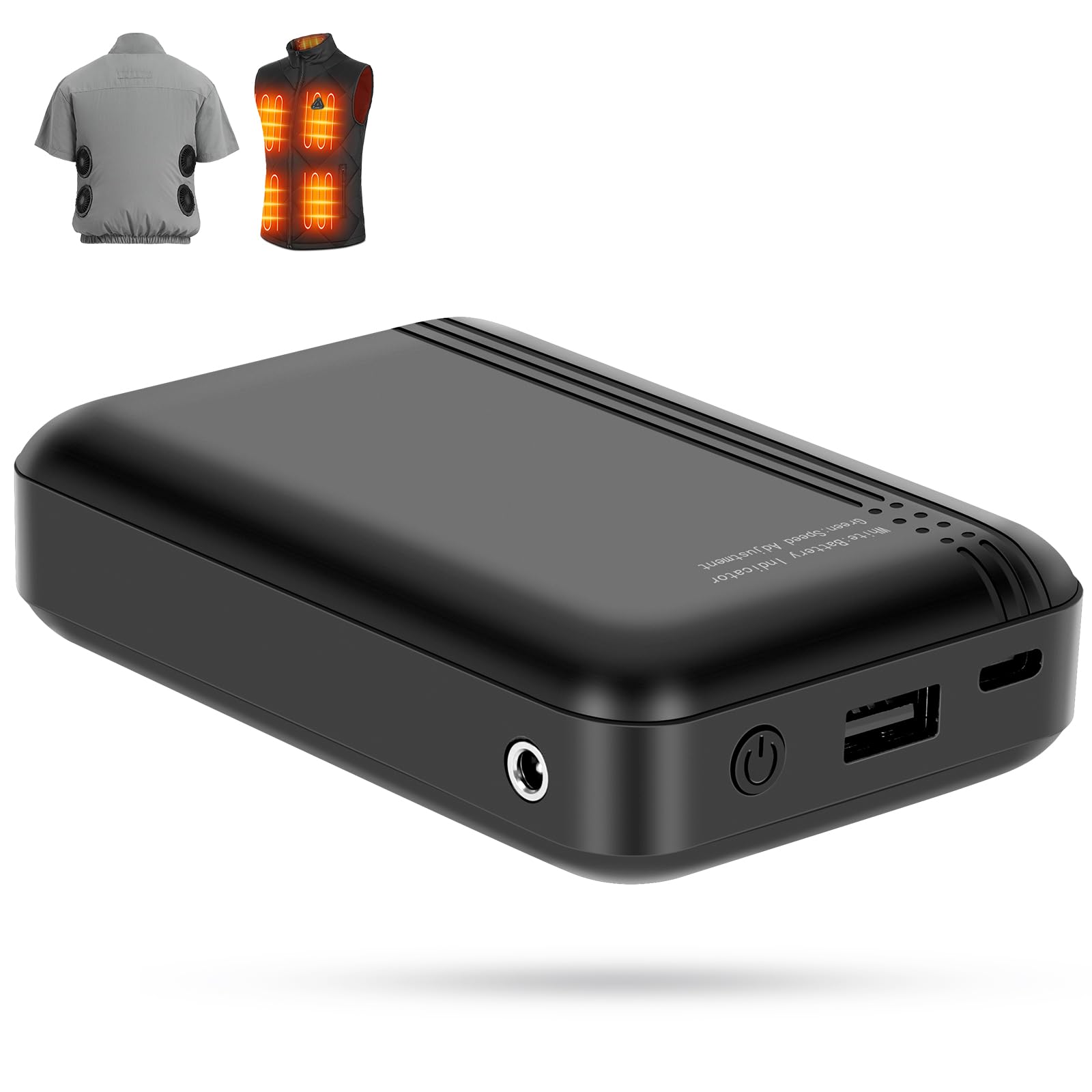 Batterie externe 10 000 mAh pour gilet thermique, batterie portable avec sortie USB 7,4 V CC et 5 V pour gilets chauffants et gilets de ventilation, 4 niveaux de vent réglables