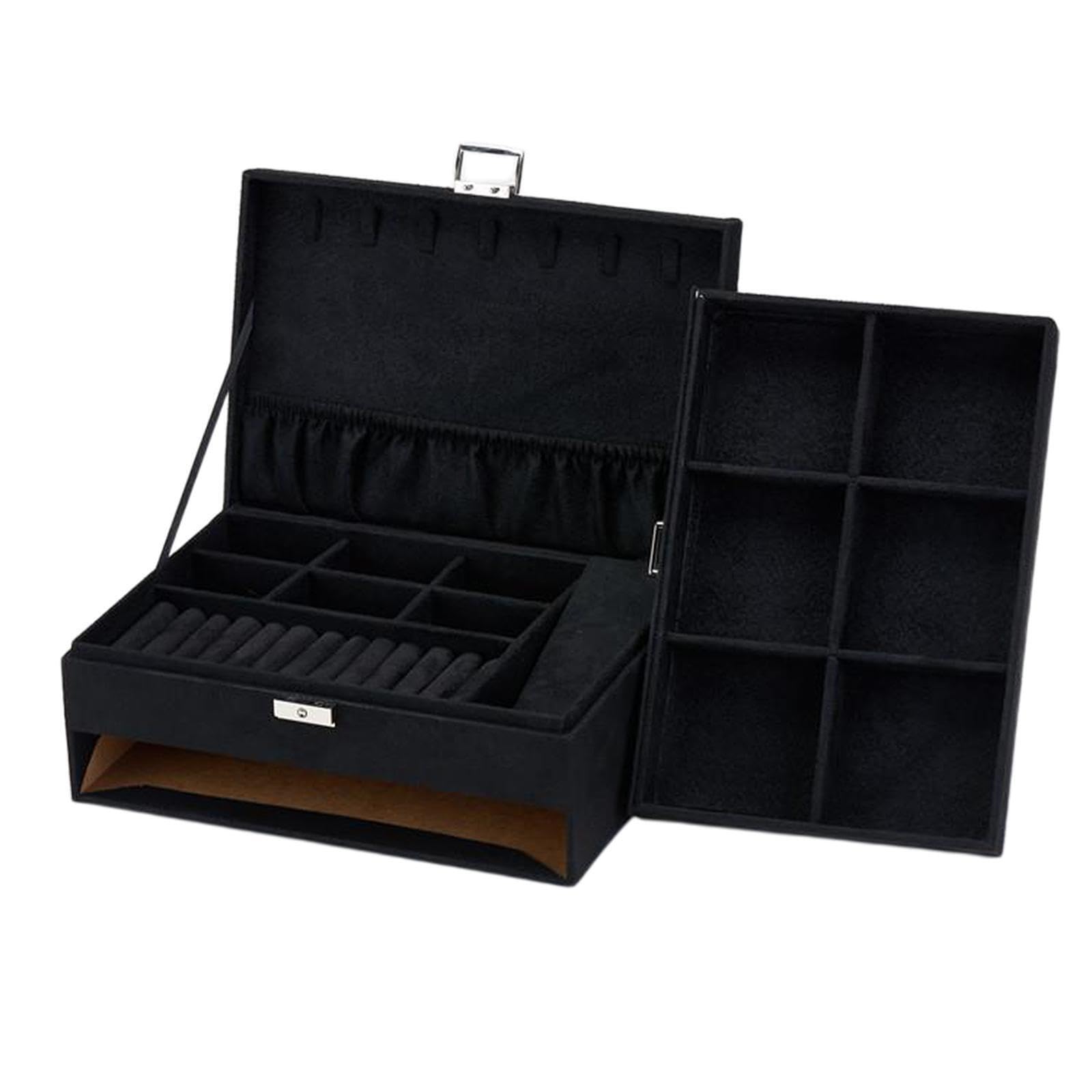 ALCXAZS Stylish Velvet Jewelry Organizer for Earrings Necklaces and Watches Box Storage, Black, 27x19x11cm
