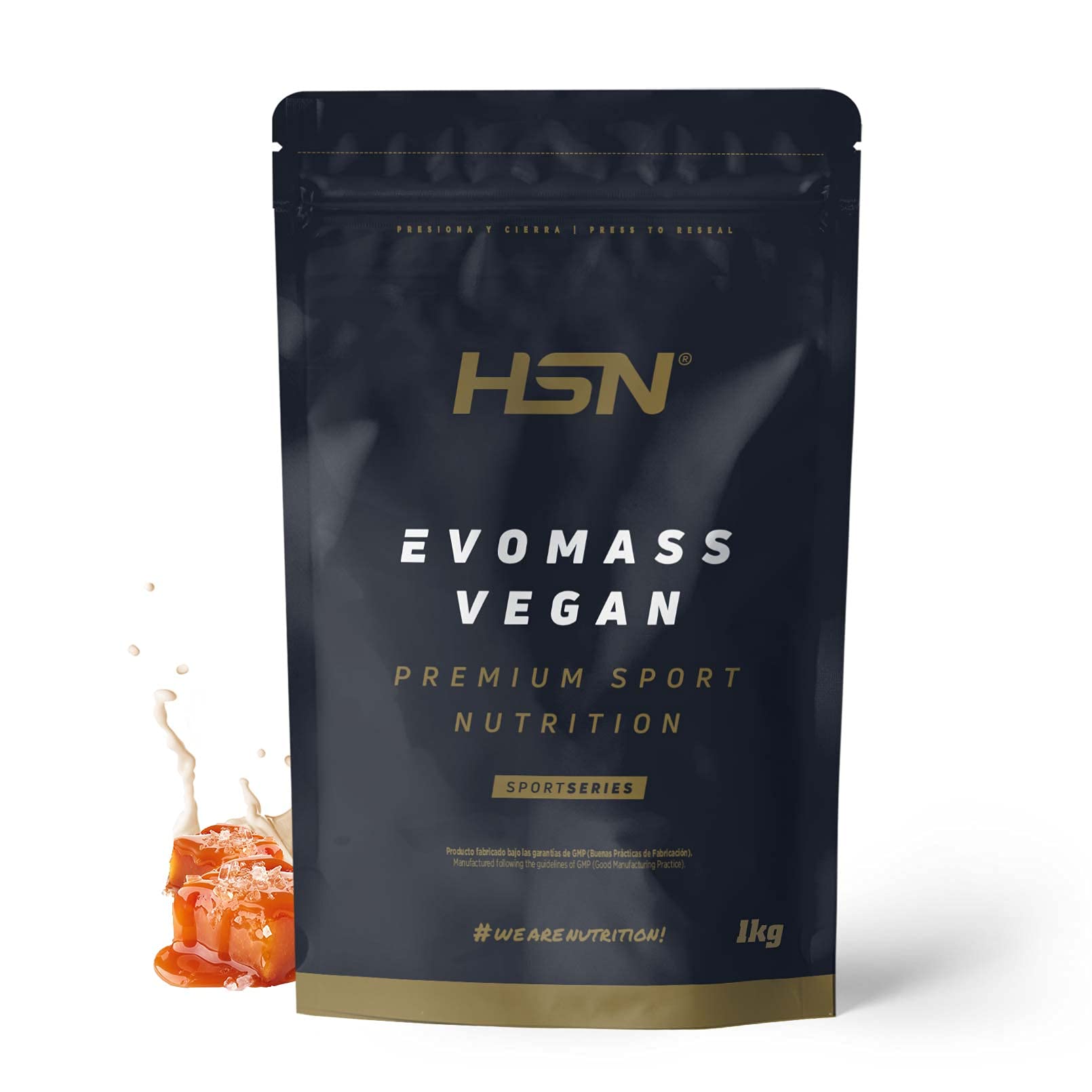 Batido de Carbohidratos y Proteínas Vegano de HSN Evomass Vegan | Sabor Caramelo Salado 1 Kg = 10 Tomas por Envase | Harina de Arroz + Proteínas Vegetales, Creatina y CLA | No-GMO, Sin Gluten