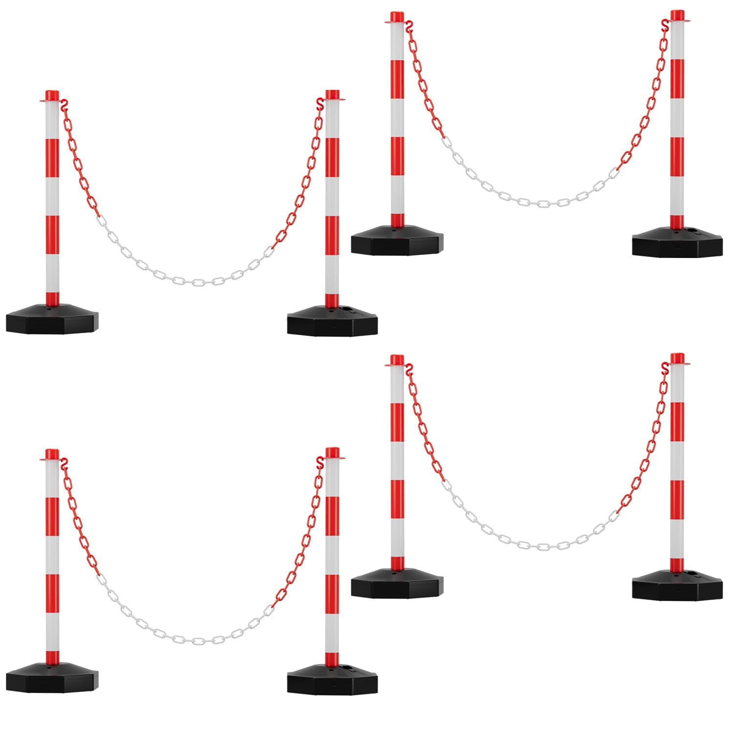 Ikodm 8 postes de barrera, postes de cadena de 1,4 m de plástico rojo y blanco, soporte para 3,5 kg de agua y arena, postes de bloqueo para aparcamiento, garaje, entrada, puerta