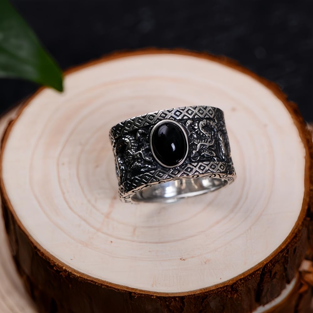 ForFox Anello Doppio Drago Cinese in Argento Sterling 925 Nero con Pietra per Uomo Donna