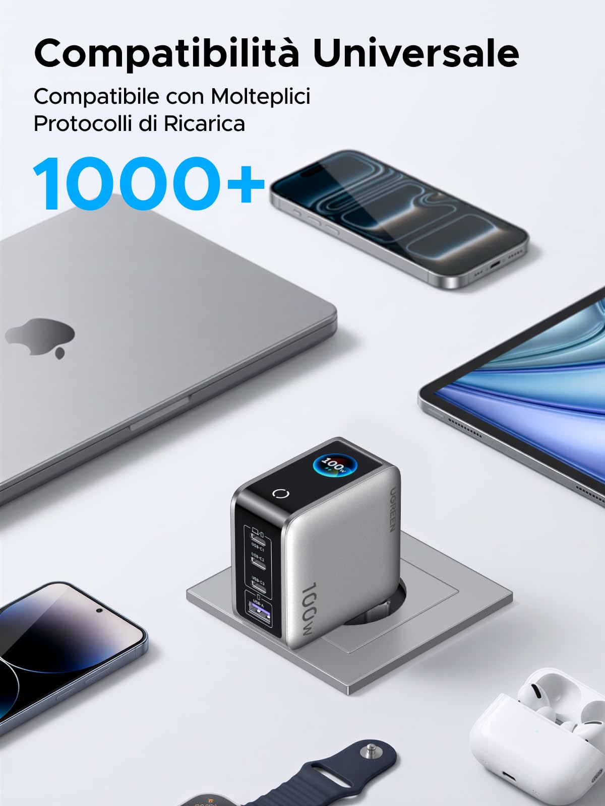 UGREEN Nexode Pro 100W Caricatore USB C Ricarica Rapido Schermo TFT | 4 Porte, PD 3.0, PPS 45W, Compatibile con Galaxy S26/ S25 Ultra MacBook iPad, iPhone 17 Pro Max Air 16 15 14 13 Steam Deck