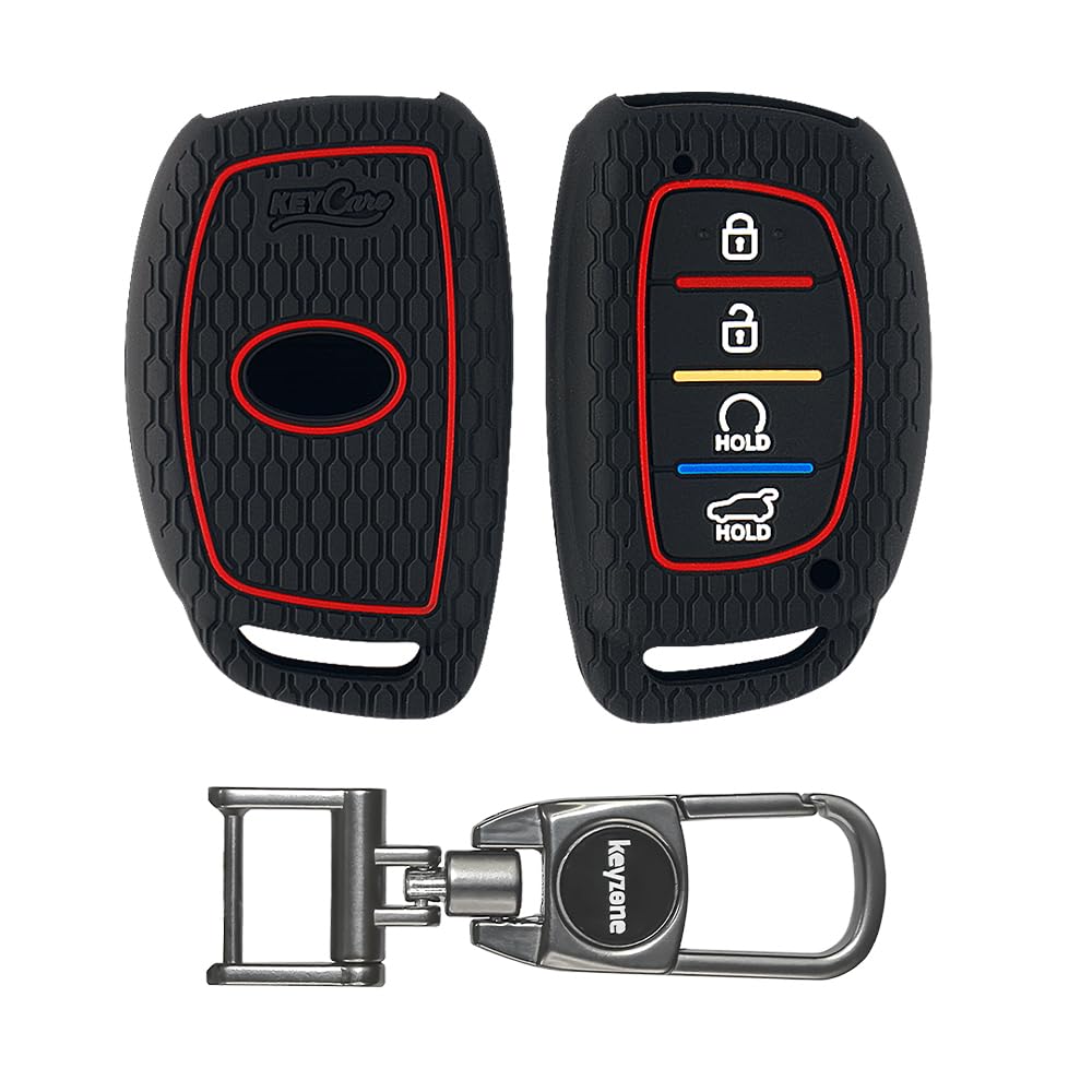 Keycare® Silicone Key Cover & Keychain Compatible for Hyundai Alcazar,Creta 2021,Creta EV 4 Button Smart Key. (Black with MAH Key Holder)