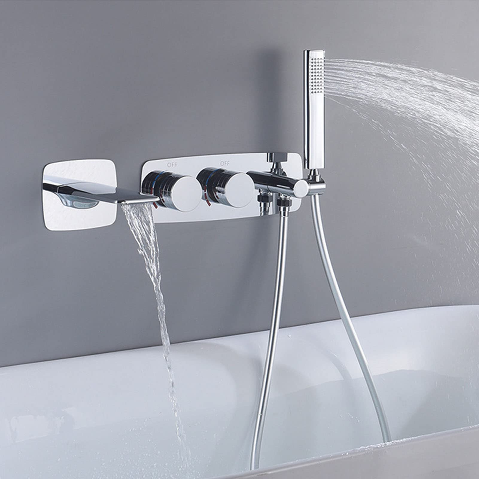 JYBNBBE Bathtub Faucet with Hand Shower, Wall Mounted Bathtub Faucet 4 Holes 2 Handles, Tub Filler with Sprayer, Bath Shower Mixer Tap, Tub Faucet Brass,Grey (Chrome)