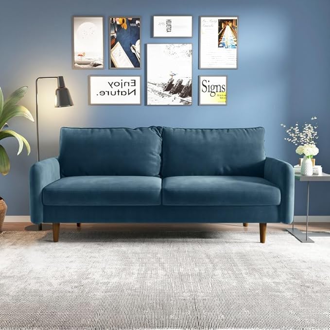 Image of Morrone Velvet Loveseat 3-Seater Sofa, Modern Upholstered Couch for Living Room, Bedroom and Office, Plush Cushion Accent Seating Furniture (Light Blue, 3 Seater)