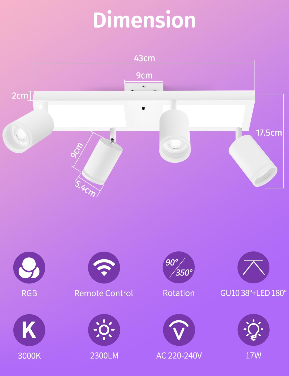 YindaLux Deckenstrahler LED mit Fernbedienung RGB Farbwechsel 30W 3600LM | Weiß RGB Deckenleuchte 4 Flammig mit Unteres Glühen, Inkl. GU10 Leuchtmittel, Schwenkbar Strahler Lampe für Wohnzimmer