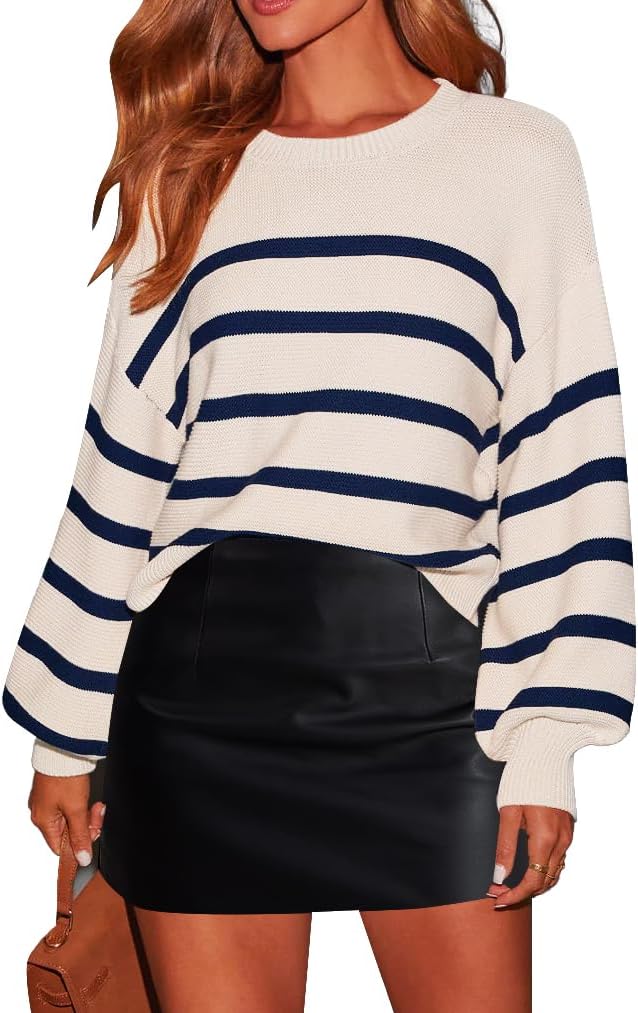 AiMgFUN Women’s Long Sleeve Crew Neck Striped Crop Sweater Ribbed Knit Pullover Jumper Tops