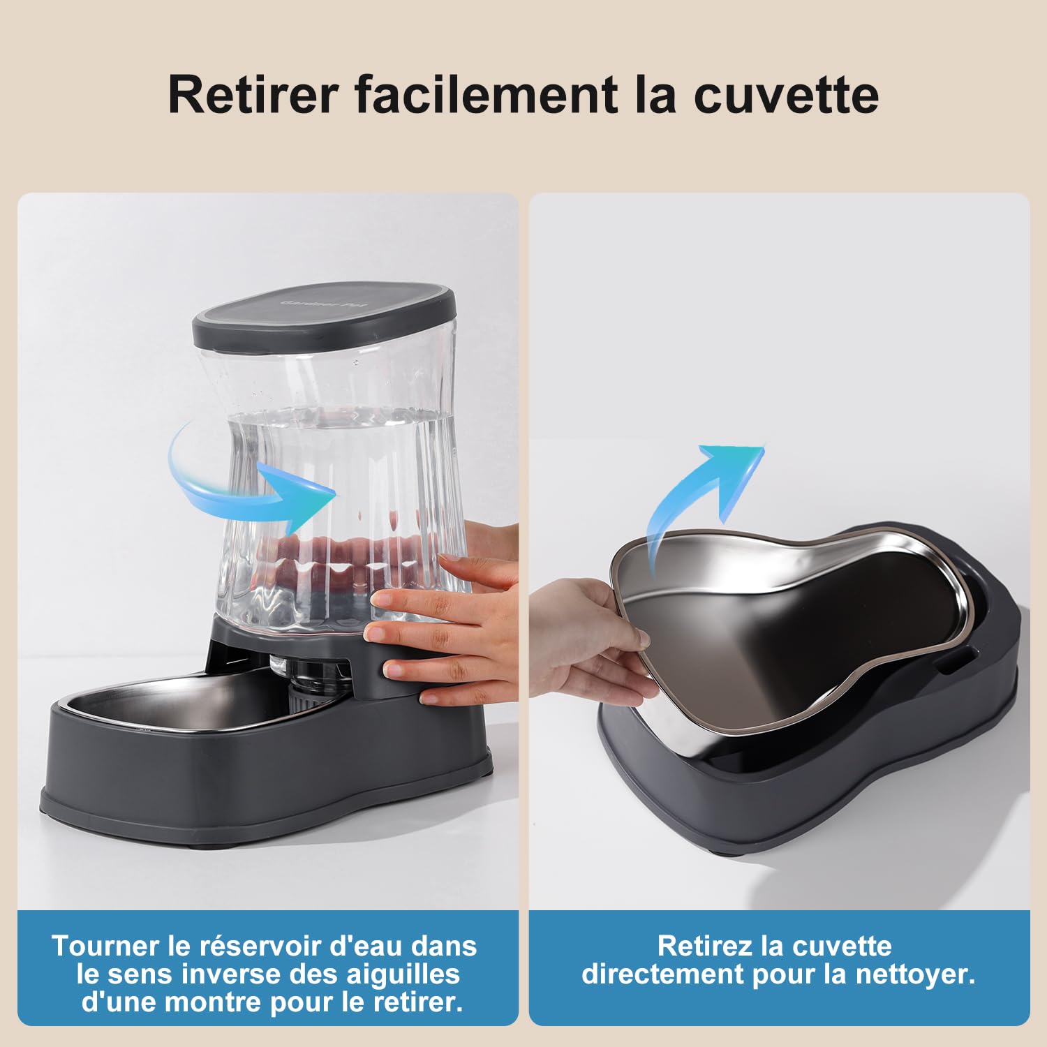 Gardner Pet 3.85L Distributeur Eau Chat Automatique, Gamelle Chat Automatique par Gravité, Distributeur Eau Chien avec Gamelle en Acier Inoxydable, Pas d'électricité, sans BPA (Gris)