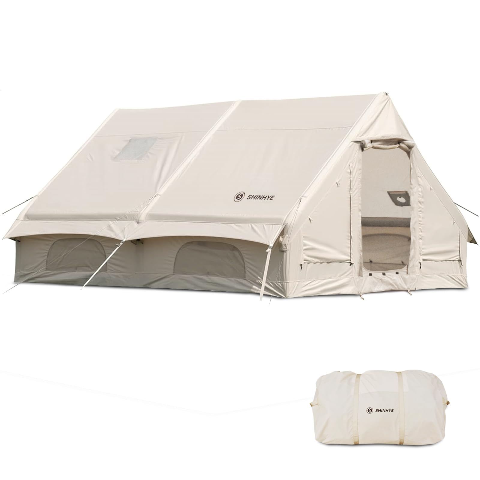 Inflatable Tent for Camping Blow Up Tent Glamping Tent 4 Season House, Air Tent with Pump, Easy Set up Large Outdoor Oxford Tent, Cabin Tent with Double-Layer Mesh Windows & Convective Double Doors