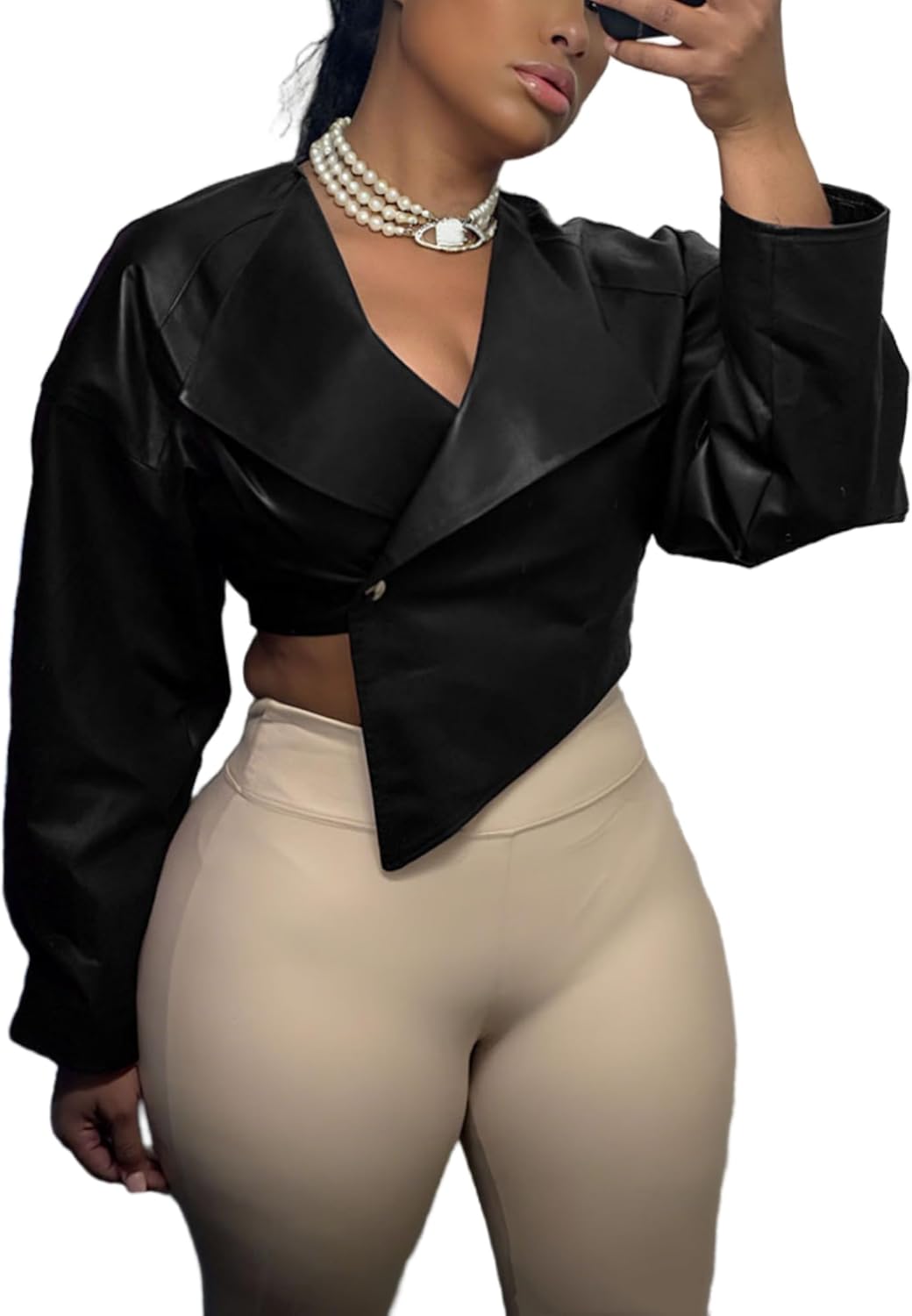 Vaceky Women's PU Leather Cropped Jacket Trench Coat Asymmetrical Short Bomber Jackets