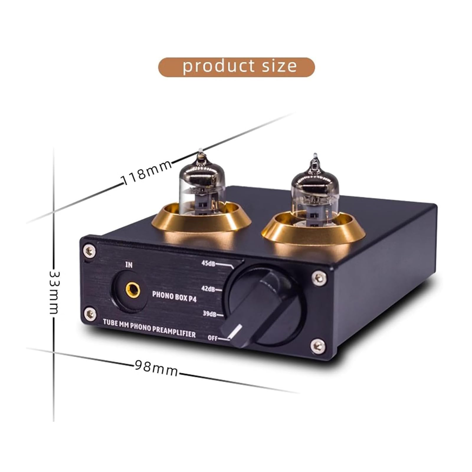 MObyat Mini Preamplificador Hi-Fi, Preamplificador De Fono con Tubo De Vacío, Tubos Reemplazables/Entrada Auxiliar De 3,5 Mm/Interruptor Entre 3 Modos: 39, 42 O 45 DB, para Tocadiscos
