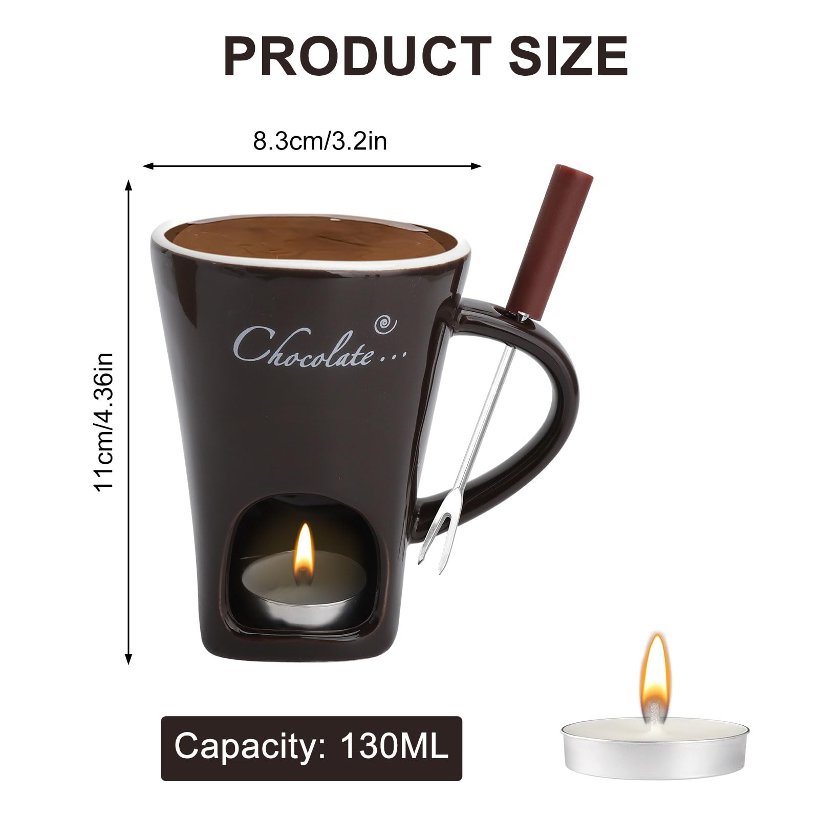 Taza de cerámica para fondue de chocolate, 130 ml, con portavelas y tenedores, fondue de chocolate, juego de fondue de chocolate, juego de fondue de chocolate, cazo para chocolate y queso, mantequilla