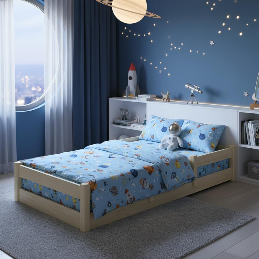 KOBI Lit d'enfant 120x60 cm, avec Balustrade - Lila lit de Sol en Bois de pin Naturel