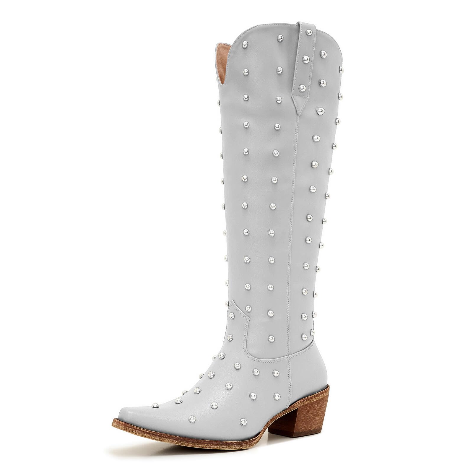 Uillnoodu Wide Calf Knee High Boots for Women Western Style with Metallic Studs Extra Room for Large Calves