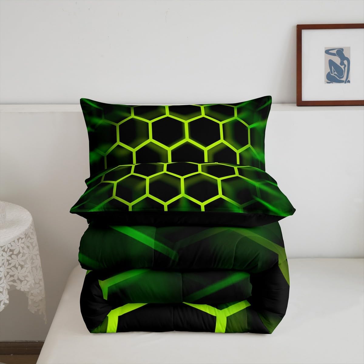Erosebridal Honeycomb Comforter Set King Black Yellow Geometric Hexagonal Pattern Gamer Bedding Set for Boys Men,3D Hexagon Beehive Down Comforter Game Room Decor,Glowing Neon Home Decor Duvet Insert