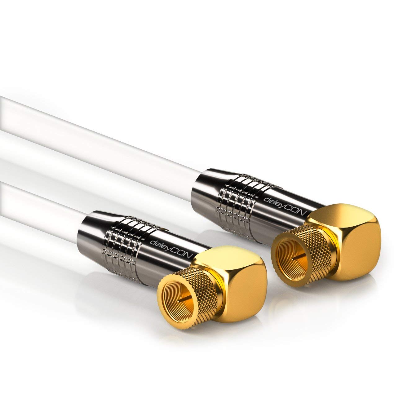 deleyCON 1m Cavo Antenna SAT HDTV Cavo Satellitare Cavo Coassiale 2x ad Angolo Connettore F (90° Gradi) al Connettore F (90° Gradi) - Connettore Metallico - Bianco