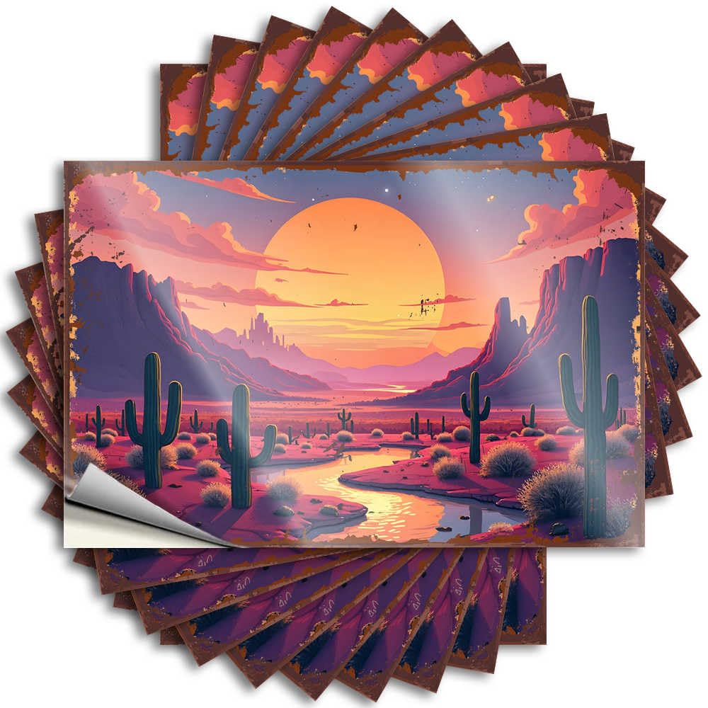 Rv Bathroom Accessories Laptop Sticker | Desert Oasis At Sunset: A Serene Landscape with Cacti and Mountai Coffee Durable Vinyl Sticker Easy Apply for Girl(6X9CM)