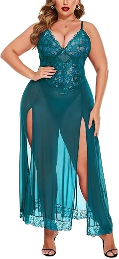 VAIA Plus Size Lace Bodice Sheer Nightgown, High Slit Maxi Length, Black