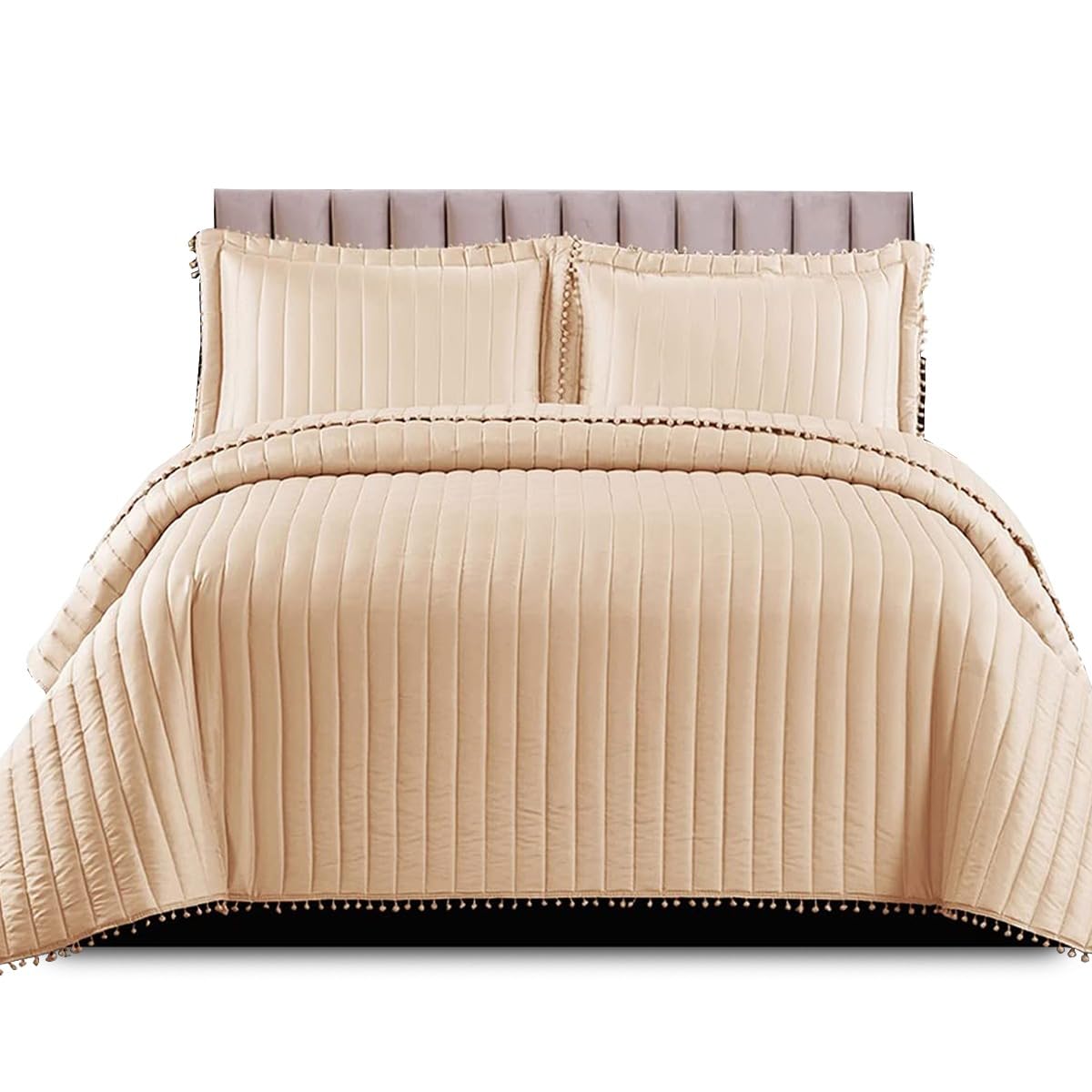 Stylish & Luxury Pom Pom Bedspreads King Size Reversible Polyester Quilted Bedspreads & Coverlets with 2 Pillow Cases (Beige-Pom Pom, Super King)