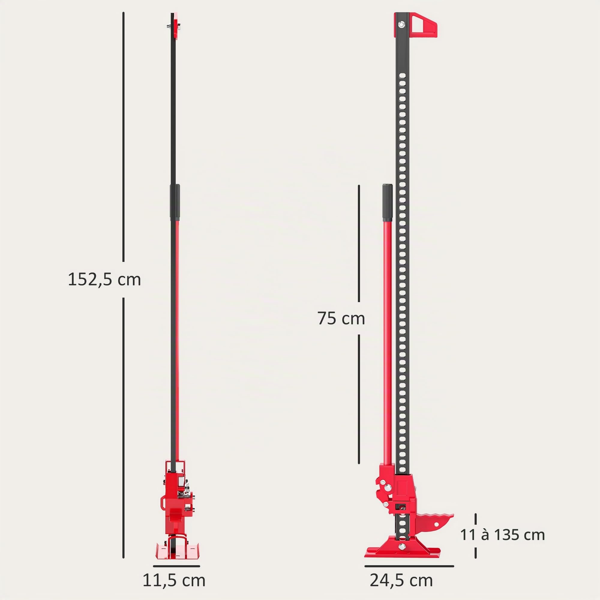 HOMCOM Cric Farm Jack Tout-Terrain ATV 4x4 Charge Max. 3000 kg Rouge | Hauteur de Levage 11-135 cm, Cric à Crémaillère, Dépannage Véhicule Embourbé, pour Voiture Camion SUV