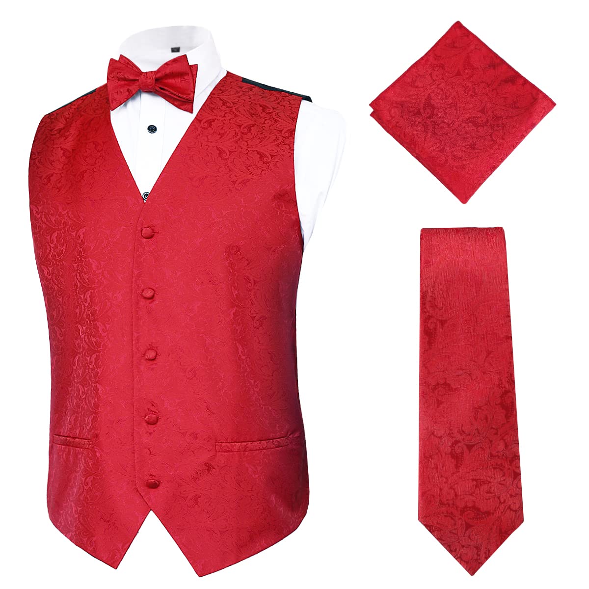AlizealMens Paisley Suit Vest, Self-tied Bow Tie, 3.35inch(8.5cm) Necktie and Pocket Square Set