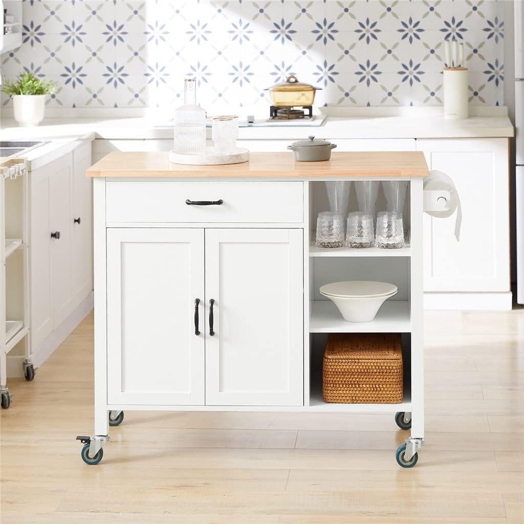Storage Carts Design Kitchen Trolley with Worktop Kitchen Island Kitchen Cabinet Trolley Sideboard on Wheels White Natural (Color : A, Size : 127 x 94 x 48 cm) (A 127 x 94 x 48 cm)