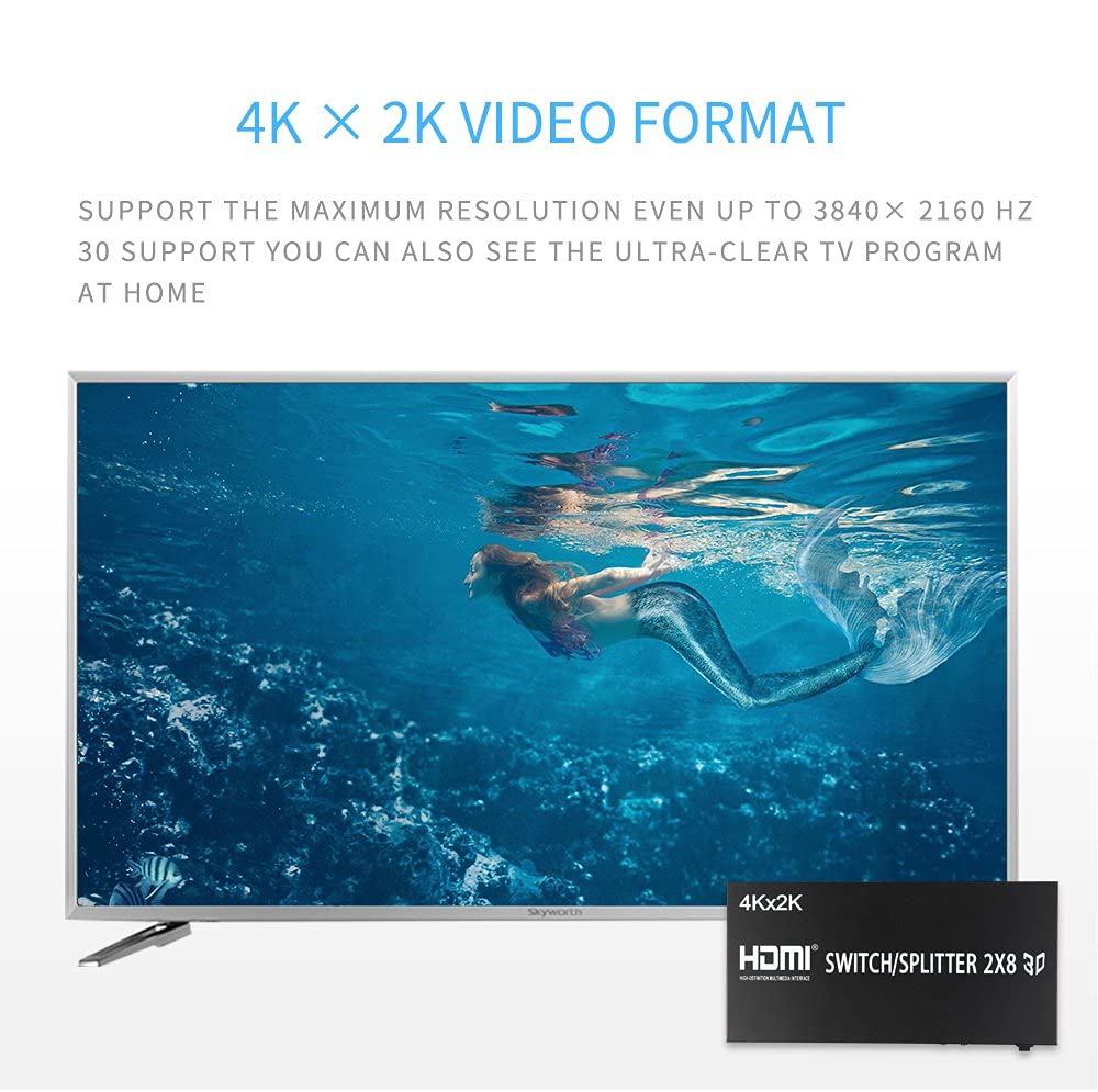 2X8 HDMI Splitter, Full HD 4K Video HDMI Switcher 2x8 Split 2 in 8 out Dual Screen per PS3 Xbox PC a HDTV Monitor Proiettore con alimentazione