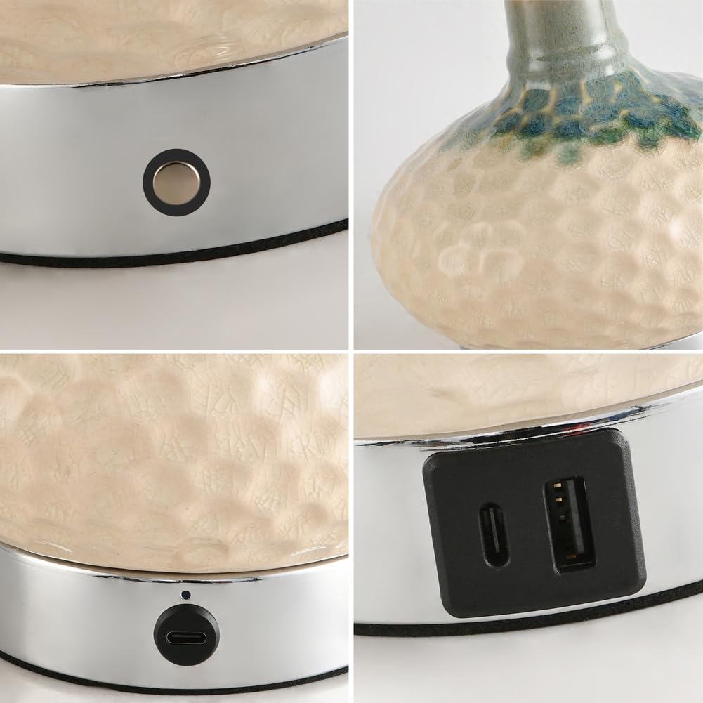 Kabellose Keramik Tischlampe mit Touch Dimmbar, E27 Batteriebetriebe Tischleuchte mit Ladefunktion USB A+C Anschlüssen Grün Lampeschirm Tragbare Nachttischlampe für Schlafzimmer Wohnzimmer