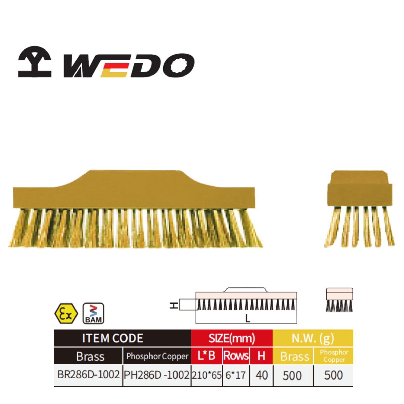 WEDO Mosiężna szczotka do szorowania, 20 cm x 6,3 cm, miotła druciana z miękkiego mosiądzu do czyszczenia rdzy metalowej, spawów, wytrzymałych drutów, szczotki do metalu