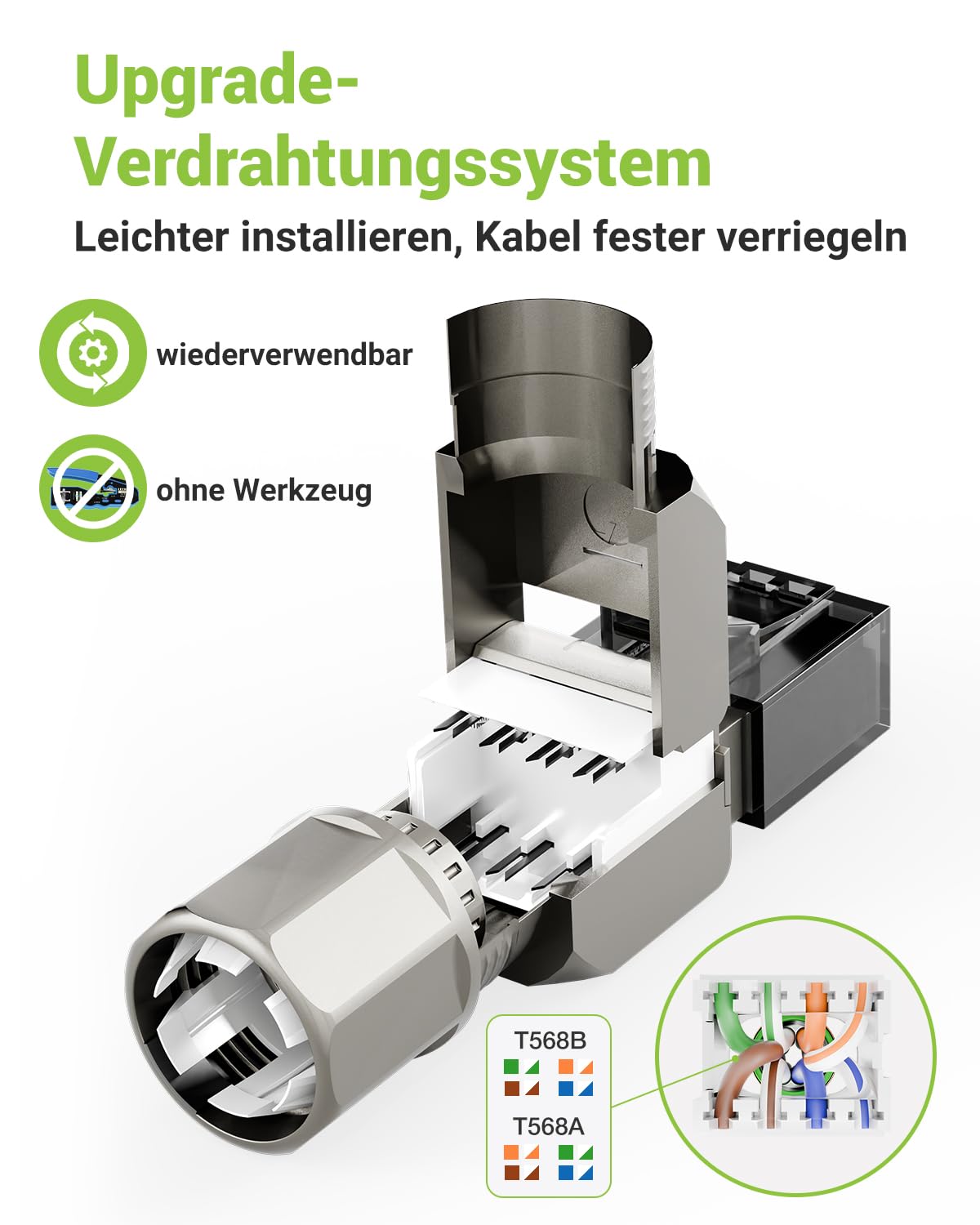 Netzwerkstecker Cat7 Werkzeuglos, 10 Gbit/s 600 MHz, Geschirmt RJ45 Stecker Werkzeuglos POE für Cat7 Cat6A Verlegekabel, Vergoldet lan stecker cat 7 werkzeuglos, Wiederverwendbar, 8 Stück, Grau