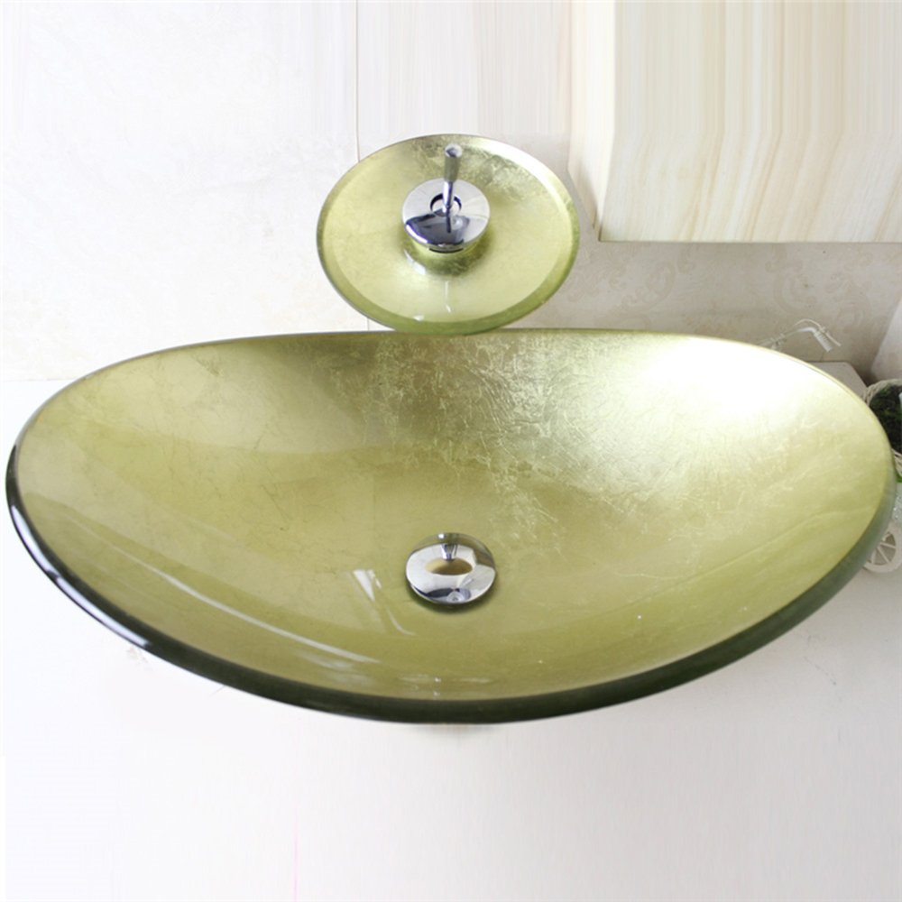 Set lavabo en verre ovale compact avec robinet cascade pour remplacer une vieille vasque