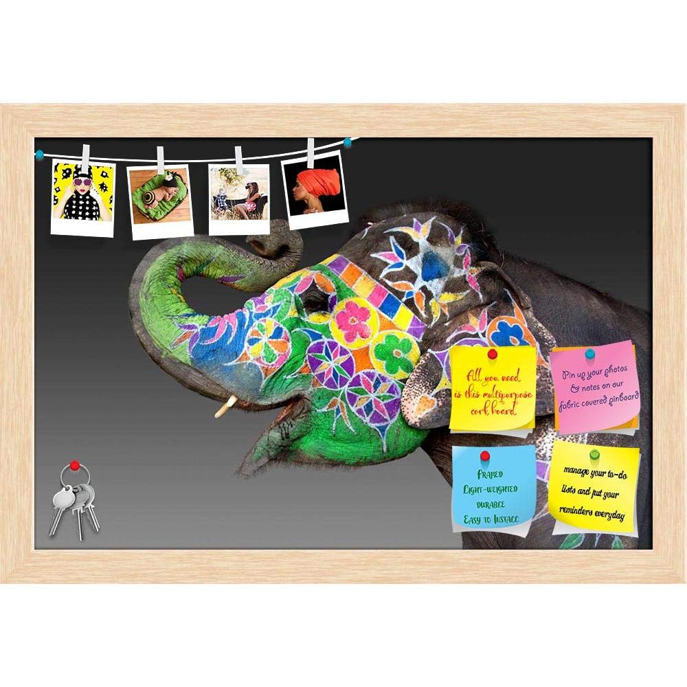 ArtzFolio Elephant Decorated For Holi In Jaipur India | Bulletin Board Notice Pin Board | Vision Soft Board with Thumb Push Pins & Sticky Notes | Natural Brown Frame | 23.5 x 16 inch (60 x 41 cms)