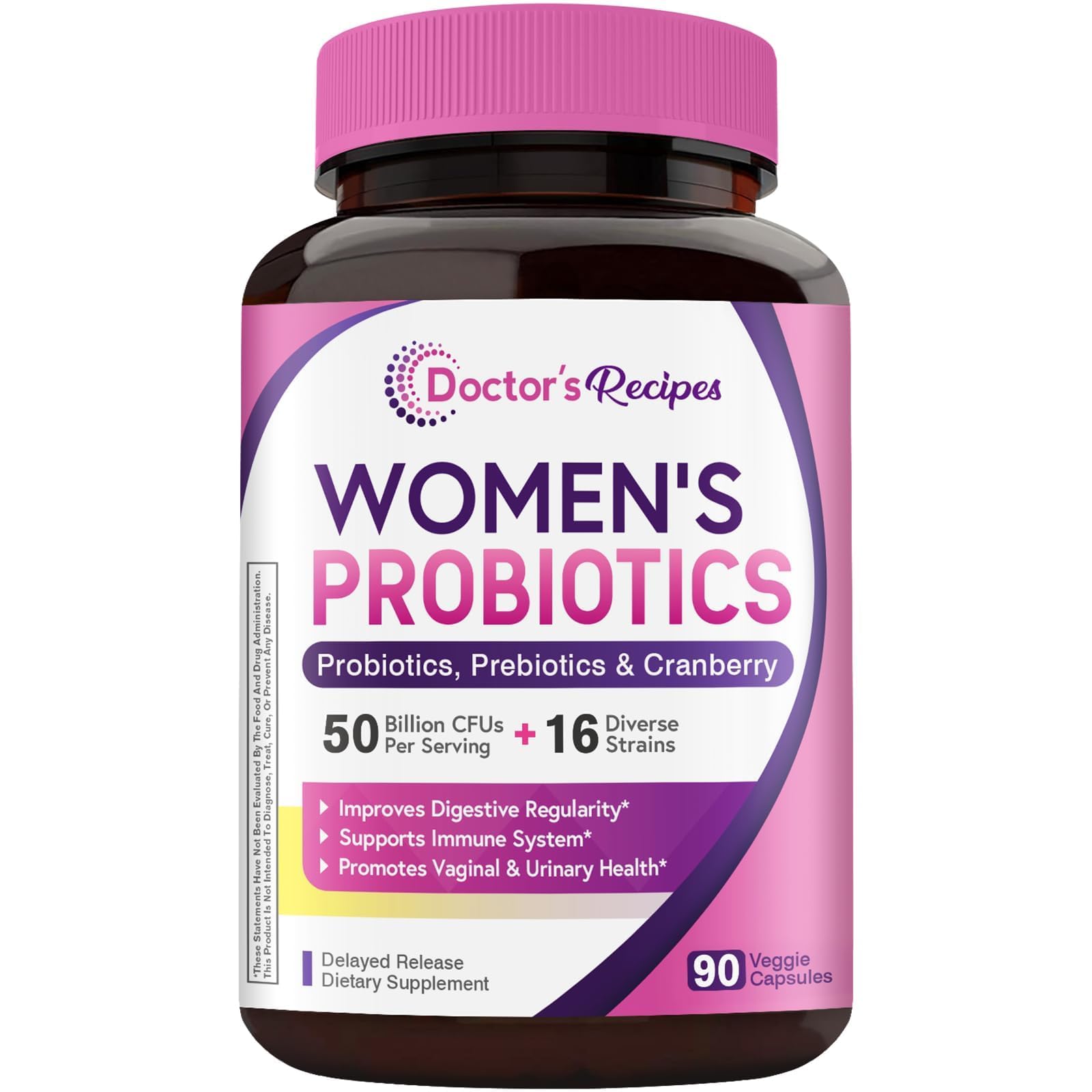Doctor's Recipes Women's Probiotic, 90 Caps 50 Billion CFU 16 Strains, with Organic Cranberry, Digestive Immune Vaginal & Urinary Health, Shelf Stable, Delayed Release, No Soy Gluten Dairy 90 Count (Pack of 1)