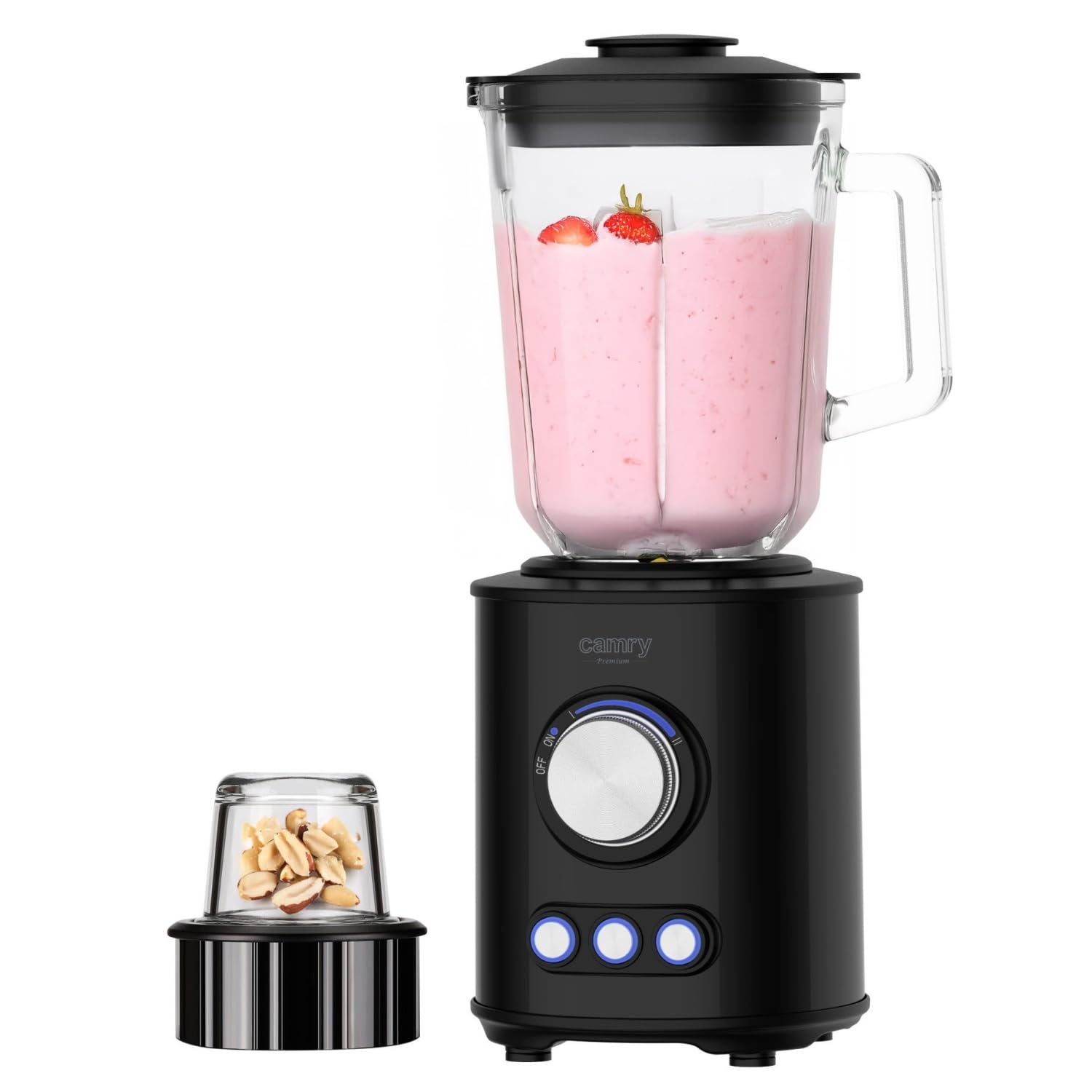 Camry Batidora de vaso con 3 programas CR 4088, 2 velocidades, vaso de Vidrio 1,5L, cuchilla de acero inoxidable con 6 hojas recubiertas de titanio, picadora, libre BPA y triturador de Hielo, Negro