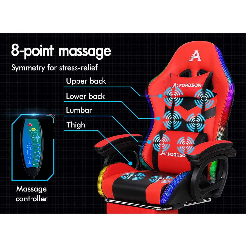 ALFORDSON Sedia da Gaming con LED, Sedia Gamer con Massaggio a 8 Punti, Sedia da gioco ergonomica con Illuminazione RGB con Supporto Lombare e Poggiatesta, Altezza Regolabile, Rosso