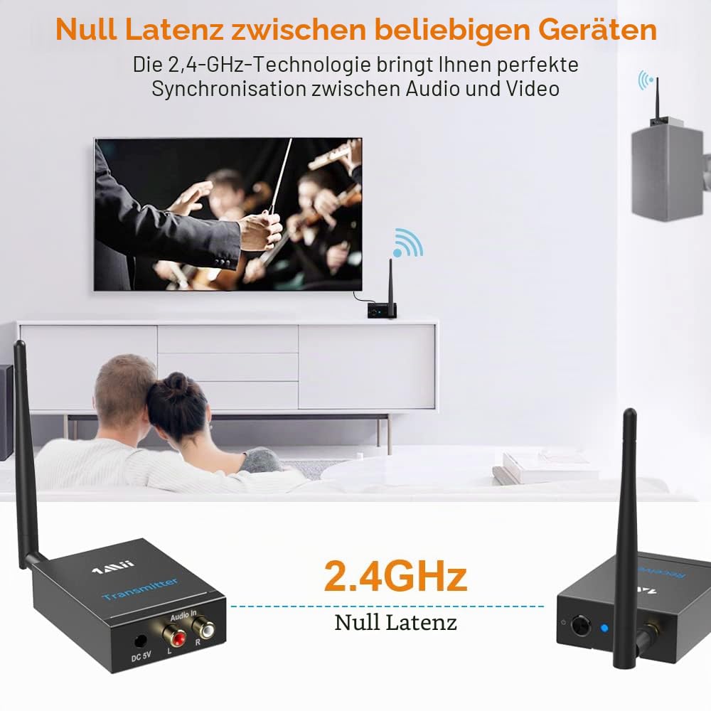 1Mii Kabelloser Empfänger, Audio-Set, 2,4 GHz, kabelloser Transmitter und Empfänger, Audio-Reichweite, 100 m, Ausgang/RCA-Eingang für Musik TV/PC an Lautsprecher/Stereo/Subwoofer/CD