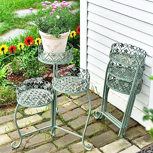 Sungmor 2-Pack 3 Tier Plant Stands, 23" Tall Metal Plant Shelves, Beautiful Rustic Green Planter Rack Elegant Plants Organizer For 3 Pots, Indoor Outdoor Decorative Multi Tier Shelf Flower Pots Holder #TOP10
