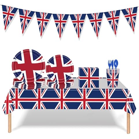 Union Jack Party Supplies,114PCS Union Jack Paper Plates Napkins Cups Tableware Kit,Queens Platinums Jubilee 2022 Decorations,Available for a Party of 16 Cover